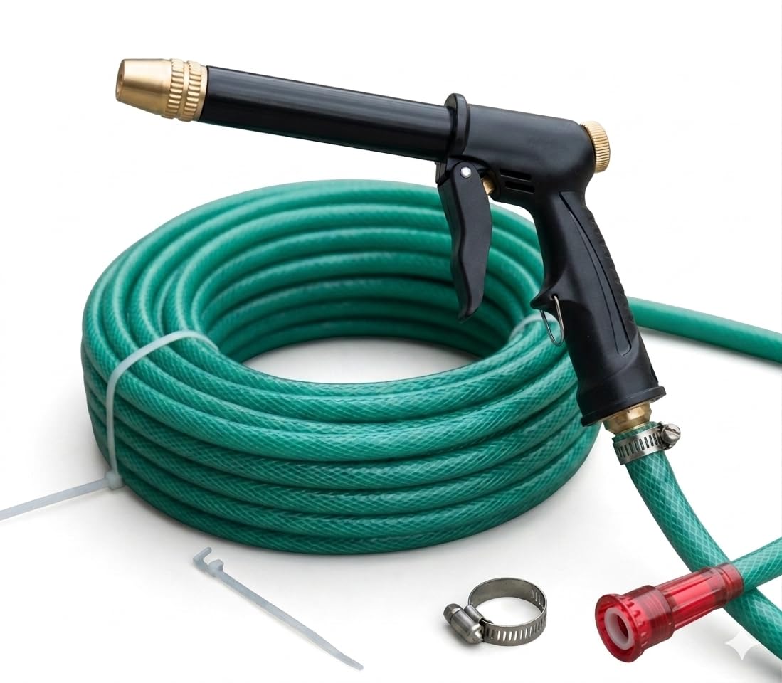 10 Meter Heavy Duty 3 Layer Braided PVC Garden Hose Pipe with High Pressure Water Spray Gun Nozzle, Tap Adapter & 2 Clamps, 0.5 Inch Water Pipe for Gardening, Car Washing & Home Cleaning