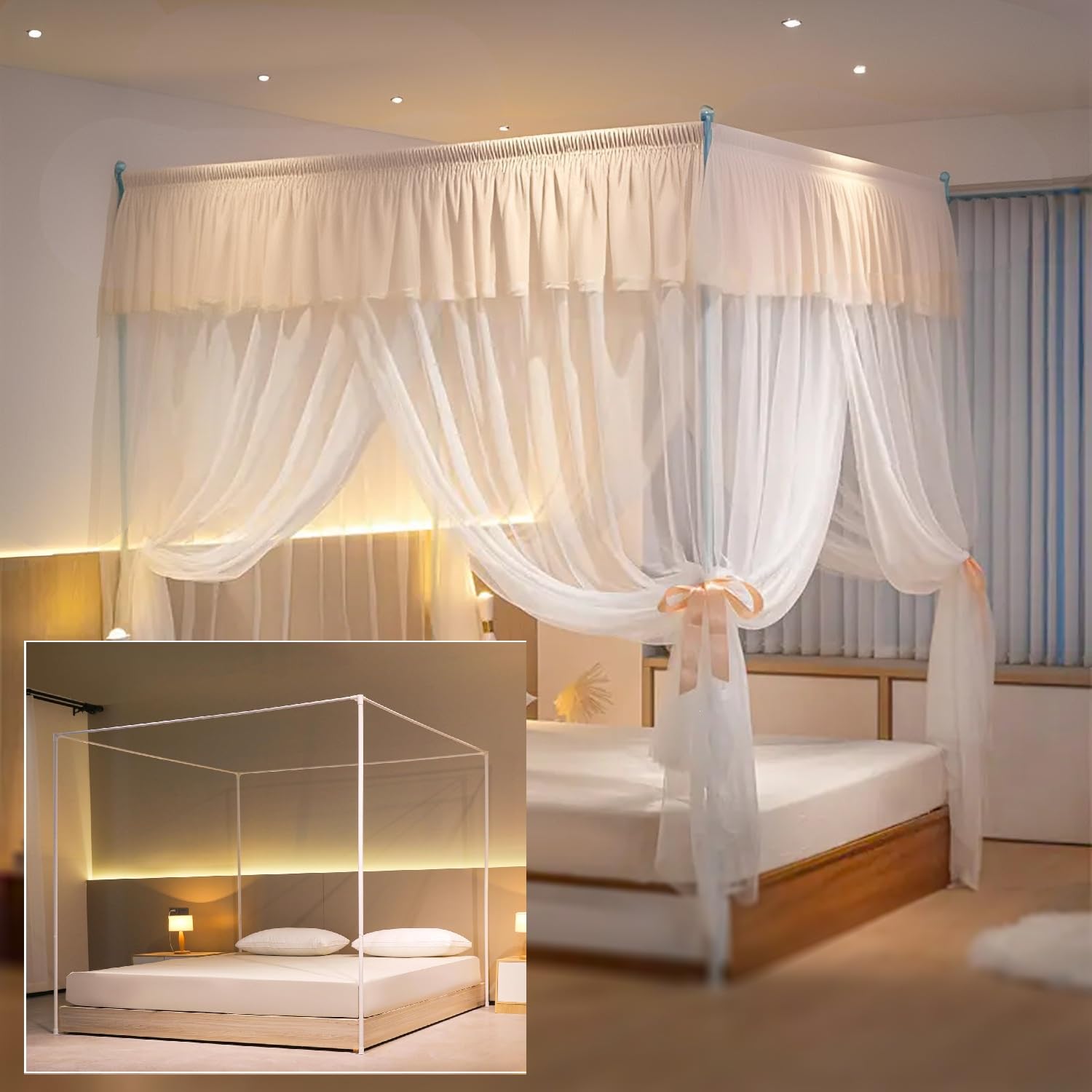 ABJA Mosquito Net with 4 Posters Frame Attachable to Bed Frame