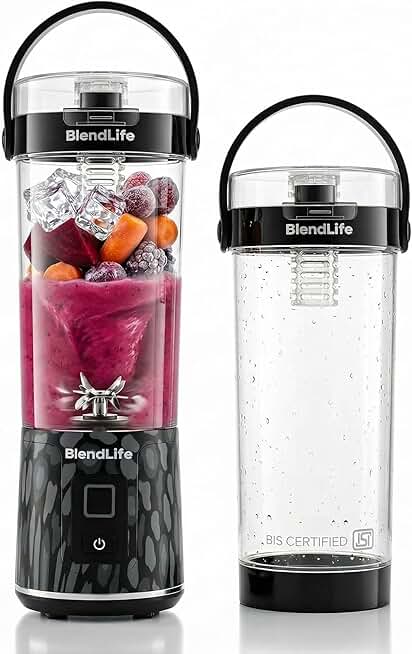 BlendLife NOVA Portable Blender | Smoothie Maker for Gym & Travel | 600ml | 12 Blades | 7.4V | Inbuilt Sipper, Handle & Filter | Convertible Lid | USB Rechargeable | BIS Certified | Made in Bharat