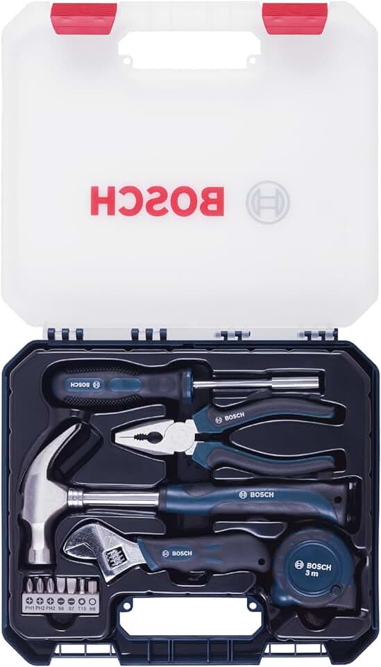 BOSCH Hand Tool Kit, 12-pieces kit, Professional Hand Tools, Precision tools, Ergonomic Design, Durable & Rust-resistant, Blue, Hard Case for secure storage