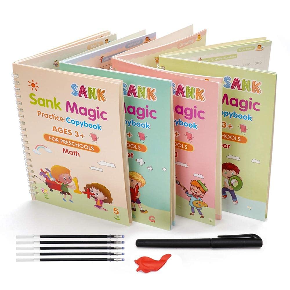 Sank Magic Copybook, Number Tracing for Preschoolers with Pen, Calligraphy Copybook Reusable Writing Tool Simple Hand Lettering Four Books with pen for 3 Years + Kids.