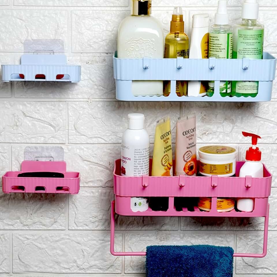 Chillyfit 4 Pack Bathroom Shelf for Wall Organiser, Self Adhesive Bathroom Shelf/Cabinet Rack washroom Storage, Kitchen Accessories Items-Baby Pink & Sky Blue