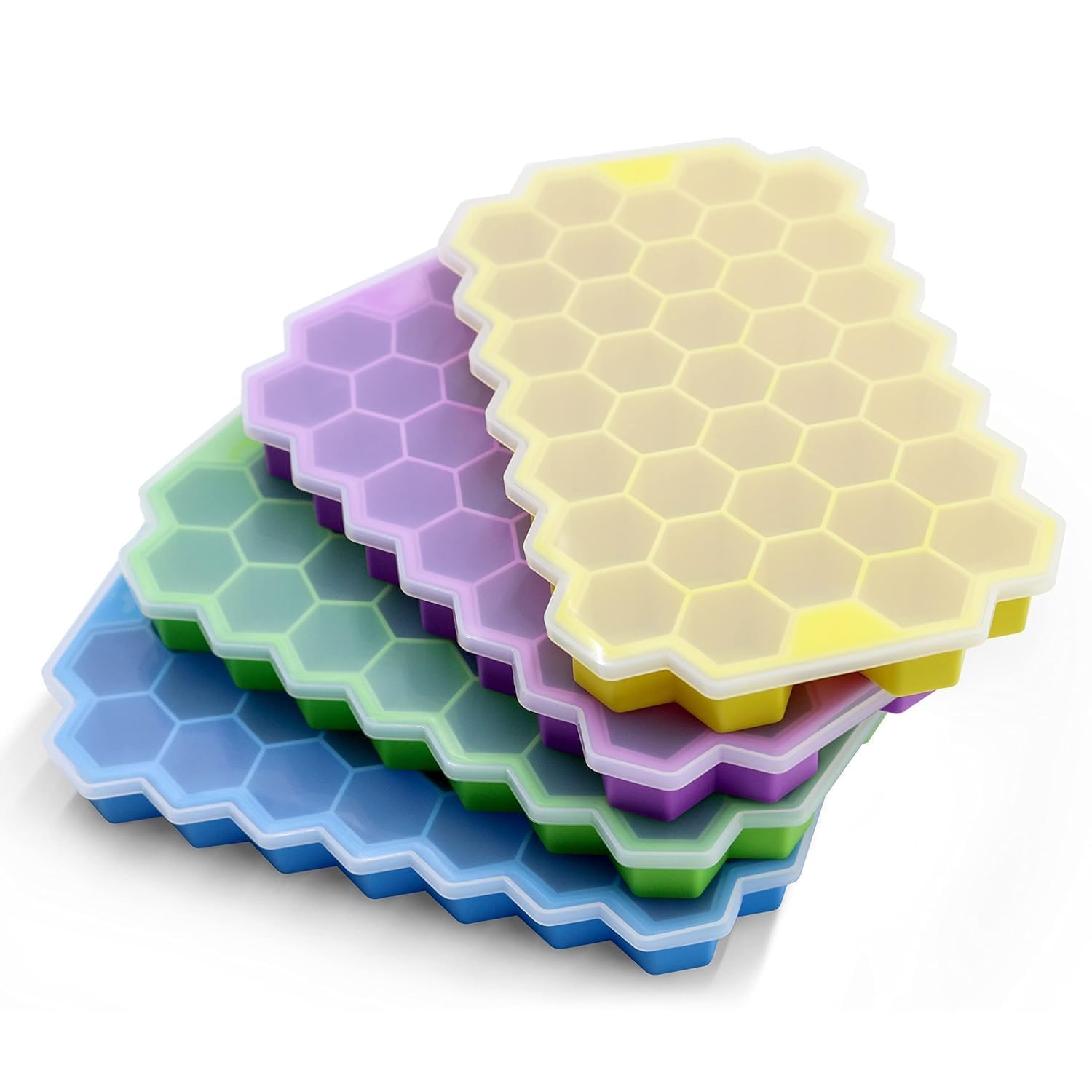 CLOUDVALLEY 4 Pack Silicone Ice Cube Trays with Lids Easy-Release Hexagon Ice Maker for Freezer, Reusable Food-Grade Ice Molds for Cocktail Bar, Whiskey, Iced Coffee & Home Kitchen