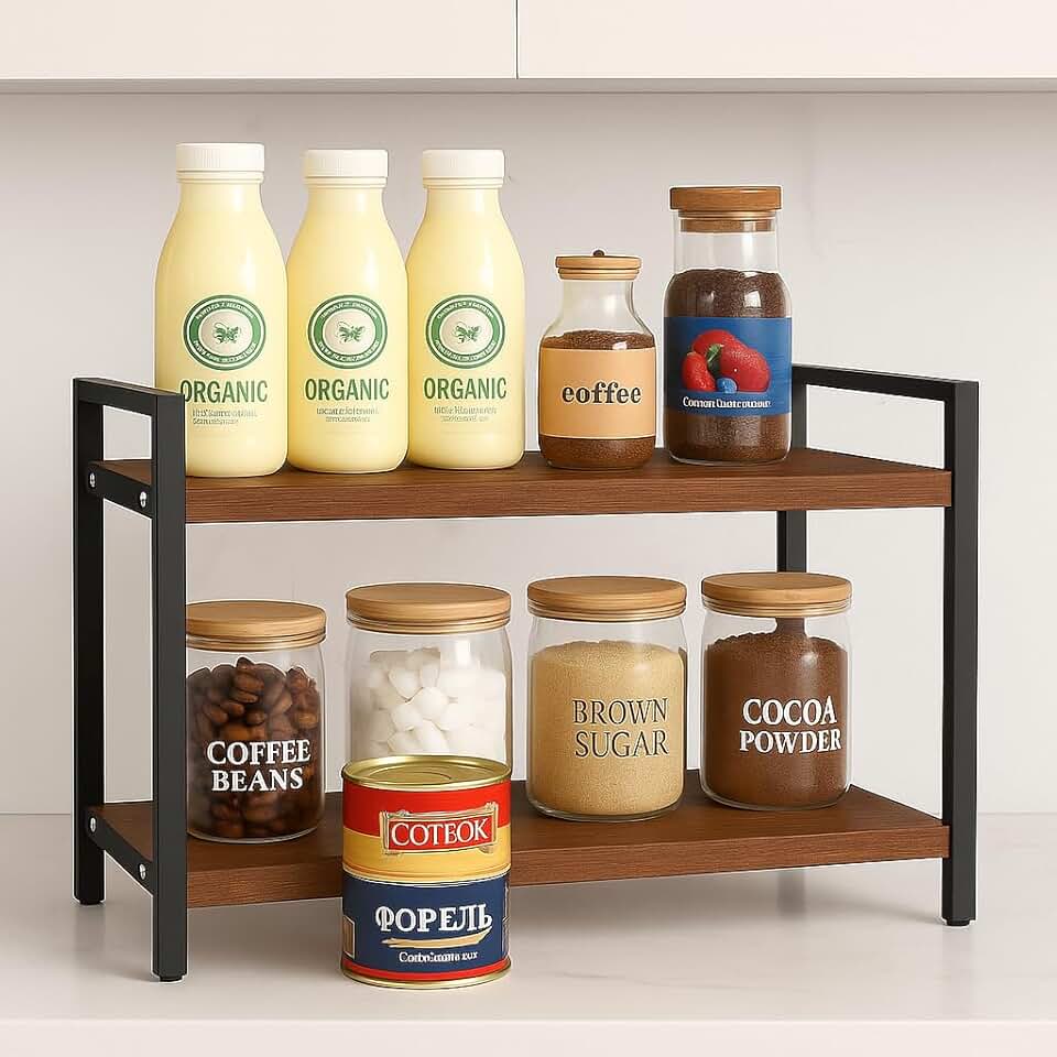Decorlay Kitchen Countertop Storage Organizer, Laminated Brown Wood Board with Black Metallic Frame | Space-Saving Rack for Spice Bottles & Condiments | Pack of 1