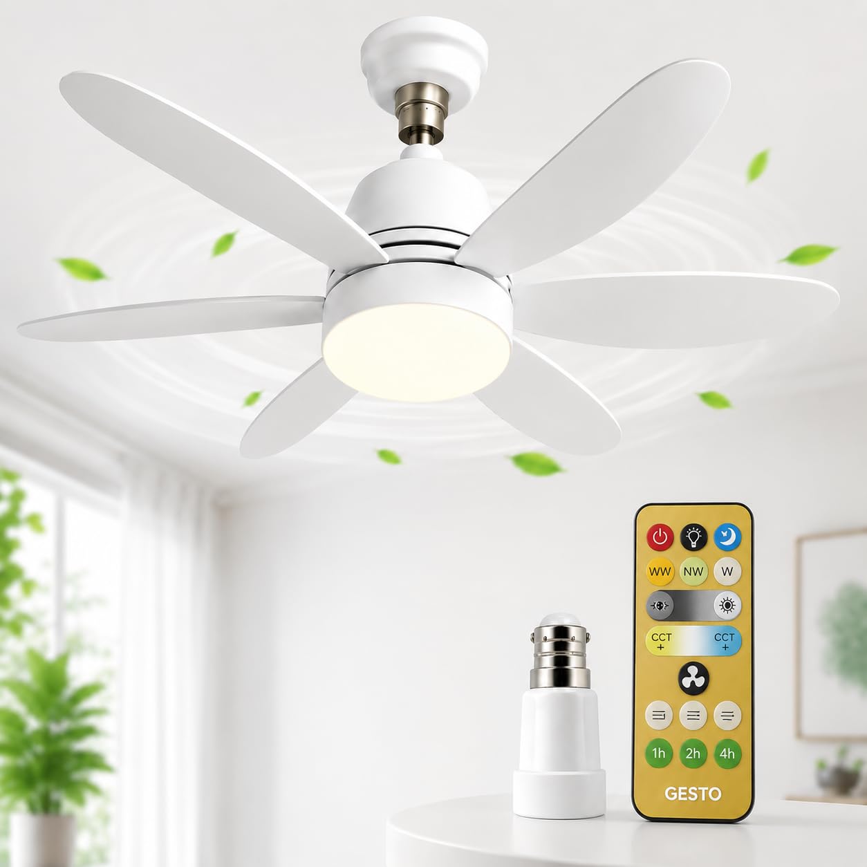 Gesto B22 Socket Fan with LED Light & Remote, Mini Ceiling Fan with 3 Speed & 3 Color Dimmable Light, Portable Bulb Fan for Kitchen, Bathroom, Pooja Room, Study Room, Small Office - 16.5 Inch