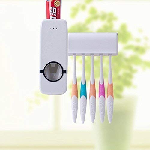 Glowick Dust Proof Wall Mounted Automatic Toothpaste Dispenser Toothpaste Squeezer Hands Free Plastic 5 Detachable Hole Toothbrush Holder