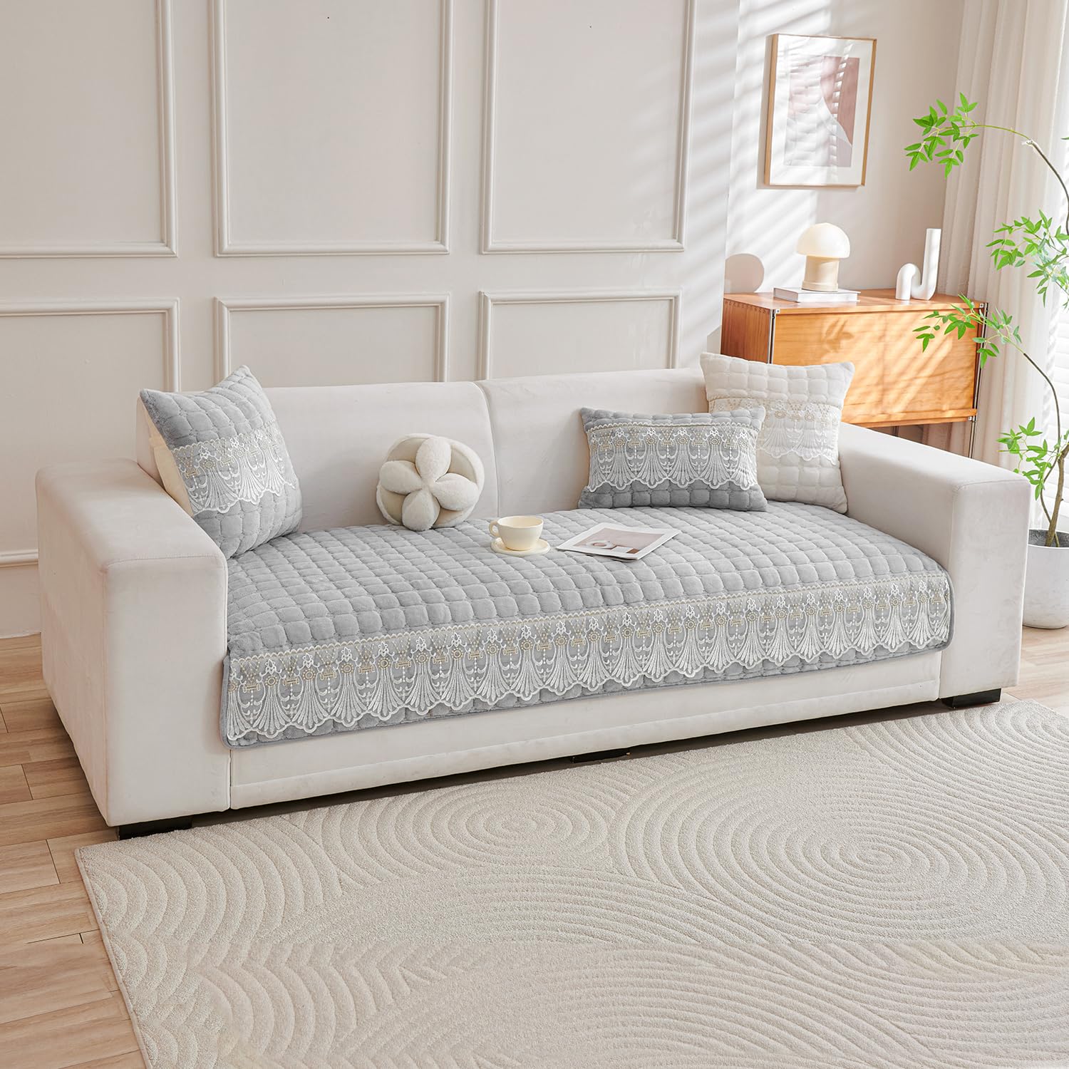 HOKIPO 'BelleLace Series' Imperial Milk Velvet Sofa Cover Mat for 3 Seater Sofa, Lace Design, Cloud Grey