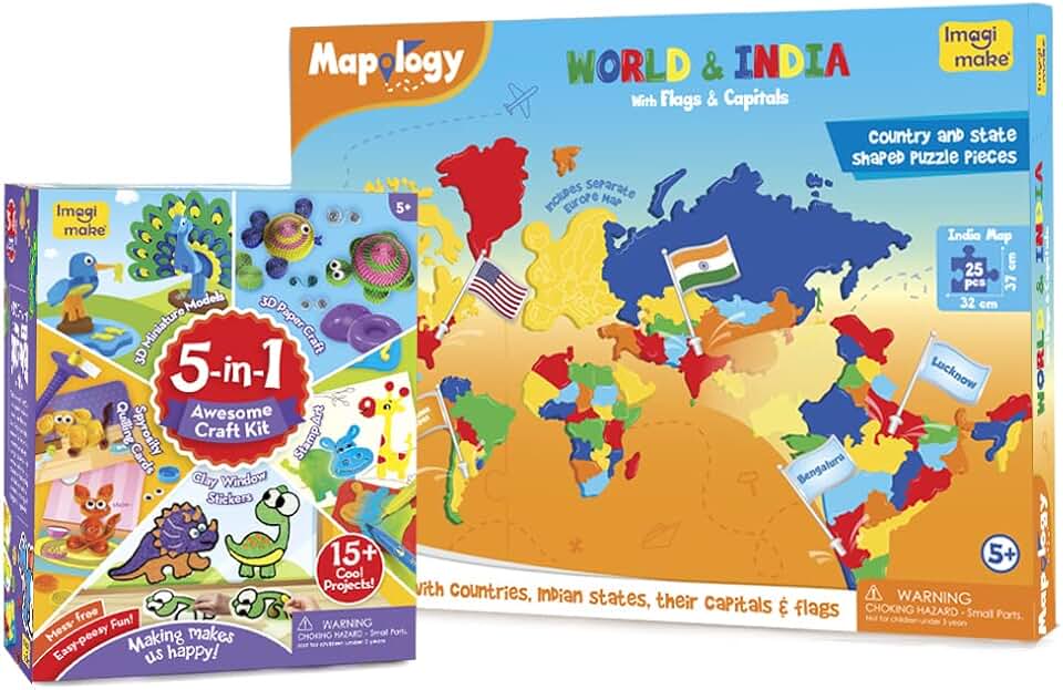 Imagimake Kid Combo: Educational Map, Birds Puzzle and 5-in-1 Craft Kit, Multicolour, Paper