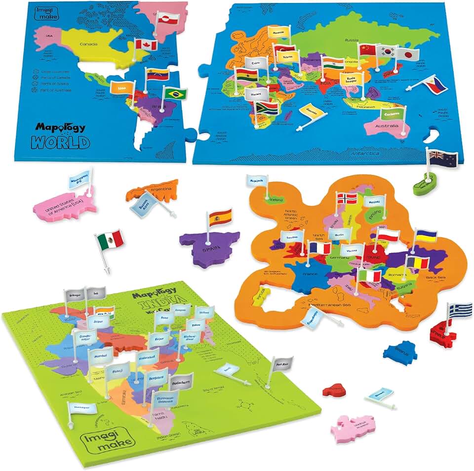 Imagimake: Mapology India and World Maps with Capitals - Learn Capitals and Country Flags - Educational Toy for Kids Above 5 Years, Multicolor