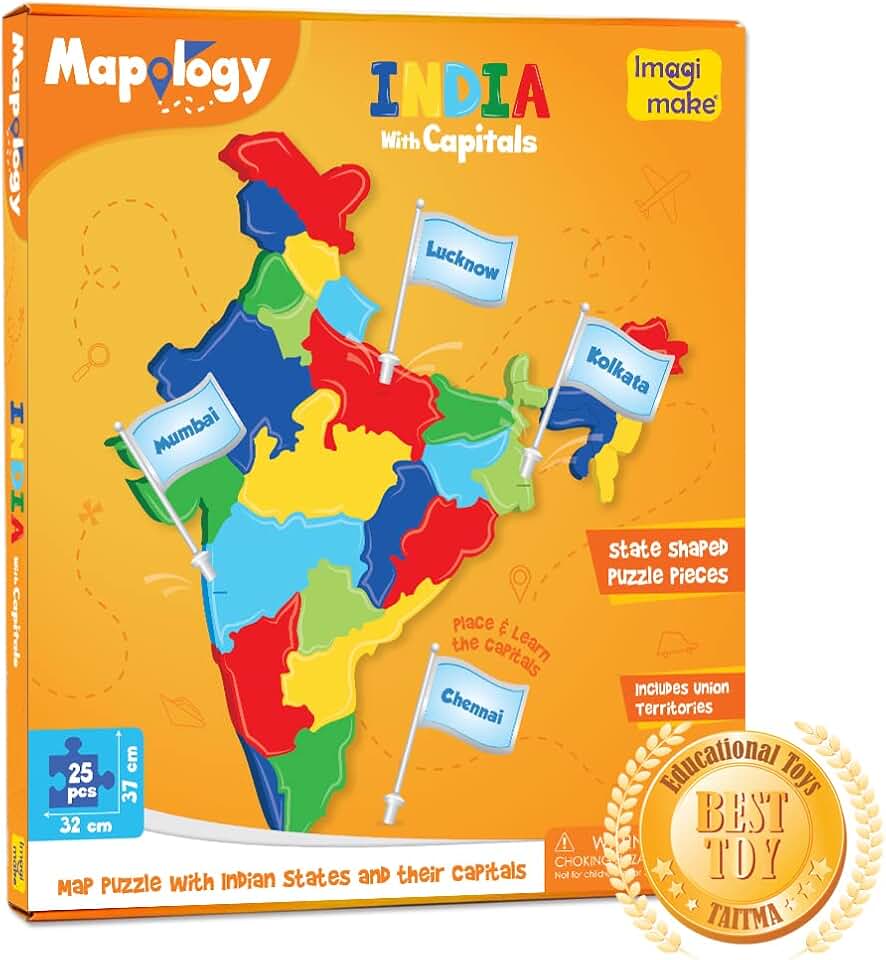 Imagimake Mapology India with State Capitals - Educational Toy and Learning Aid for Boys and Girls - India Map Puzzle - Jigsaw Puzzle, 25 Pieces, Kids