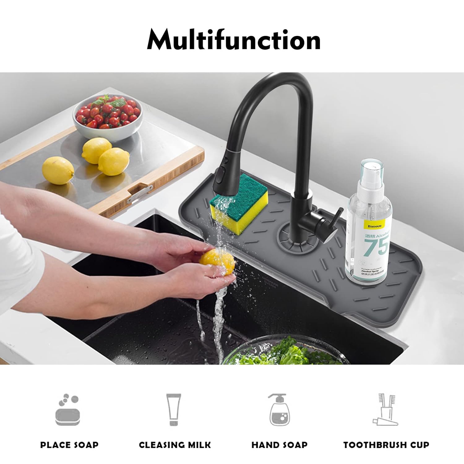 Kitchen Sink Splash Guard, Silicone Faucet Handle Drip Catcher Tray