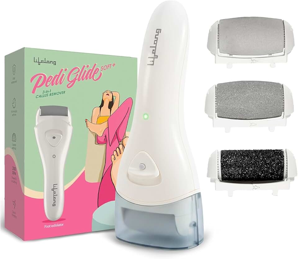 Lifelong PediGlide Soft+ 3-in-1 Callus Remover For Feet | Electronic Foot Scrubber for Dead Skin | 3 Changeable Roller Heads | Focus Light | Dual Speed Settings | Crack Heel Repair Pedicure Machine