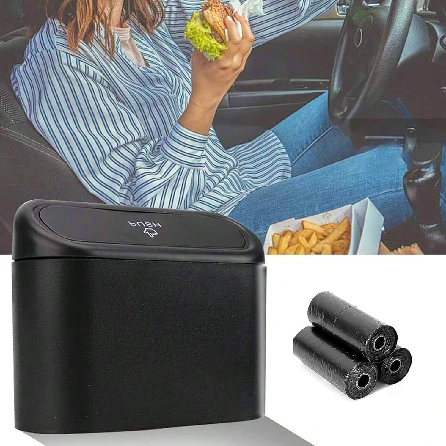 Mini Car Trash Bins Portable Waterproof dustbin Interior Garbage Waste Rubbish car rear seat Basket Bin Push Button Trash Box Hanging Holder with cover - Black (1Pc)