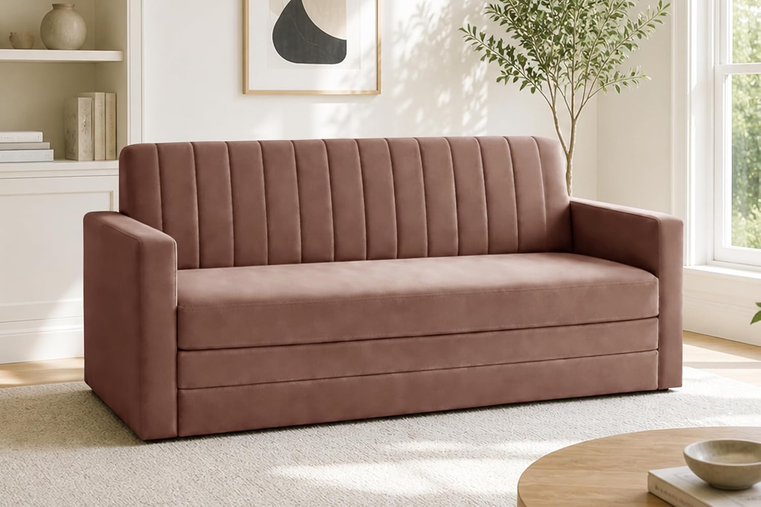 Modern 3 Seater Sofa Cum Bed with Armrest, Velvet Fabric Couch for Living Room, Space Saving Foldable Sleeper Sofa,