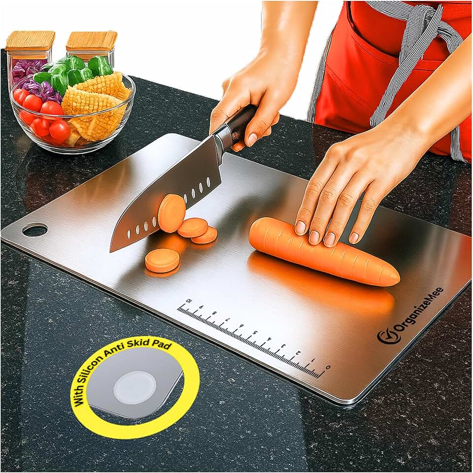 OrganizeMee Large Chopping Board Stainless Steel Metal Cutting Kitchen,Heavy Duty Choping-Board Vegetable, Meats vegitable Chopper Boards,Safe Durable with Anti-Skid Silicon Pad