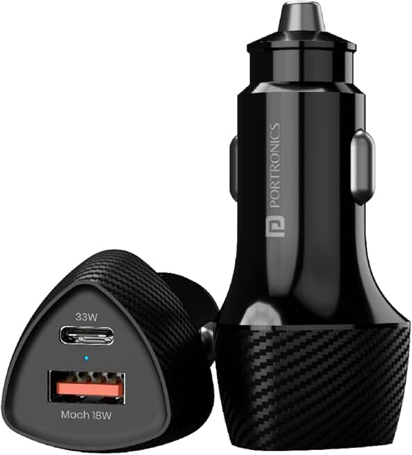 Portronics 51W Car Power 16 Fast Car Charger with Dual Output, 51 Watts Total , Fast Charging, Adapter for iPhone & Android Smartphones and Tablets