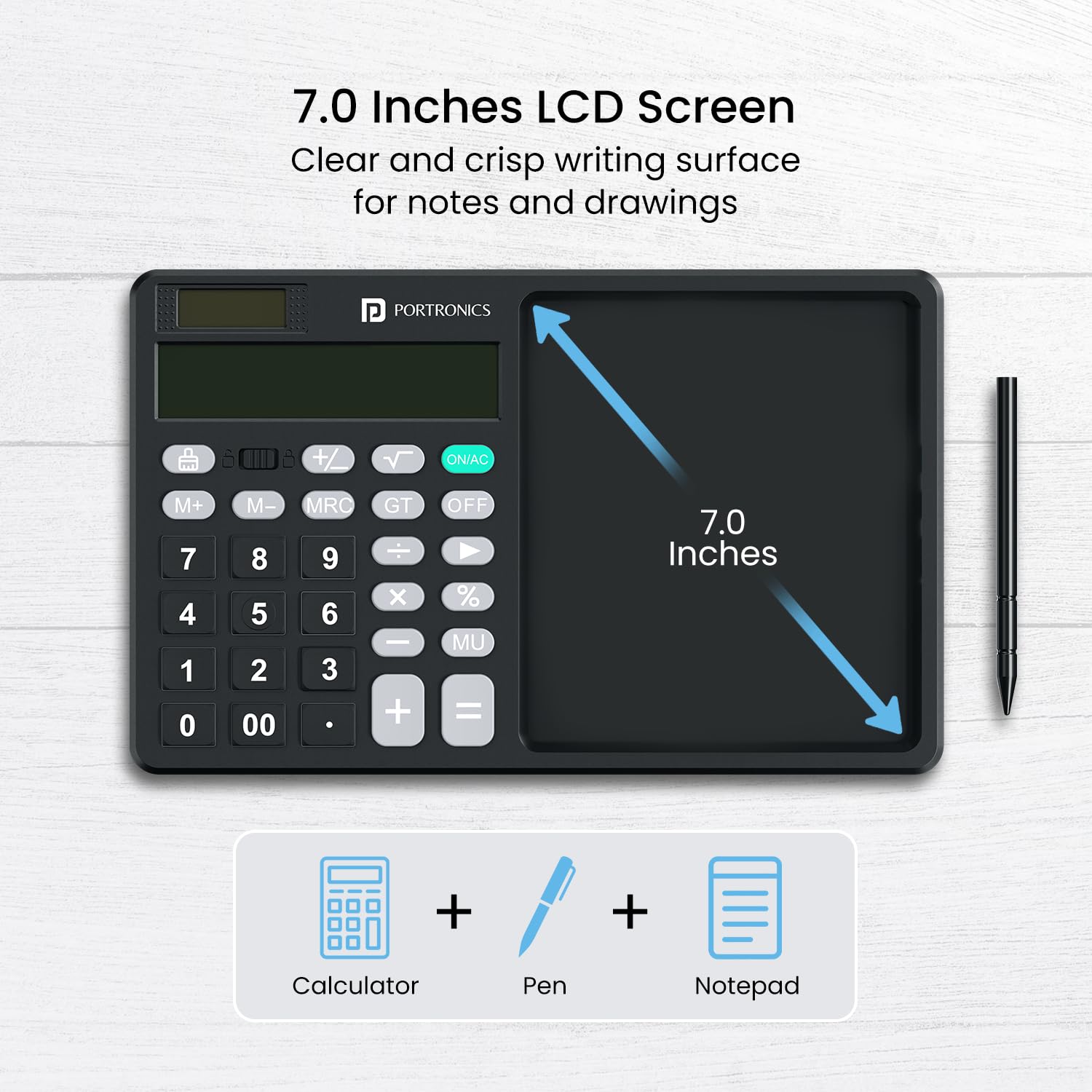 Portronics Ruffpad Calc 2 2-in-1 Calculator & LCD Writing Pad with 14.4 cm Writing Area, Multi Function Digital Calculator Stylus Pen for Students, Birthday Gift, Kids Toys, School, Office - View 3