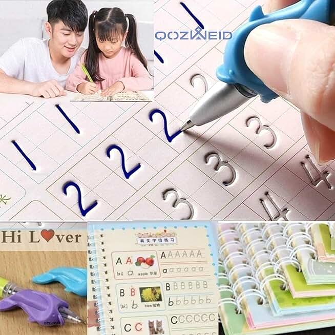 QOZWEID Magic Calligraphy, Homeschool Supplies, Preschool workbook, Numbers & English & Drawing & Mathematics Auto Fade Pen & 4 Books - 10 Riffile 1 Grip 1 pen size 19x3 cm
