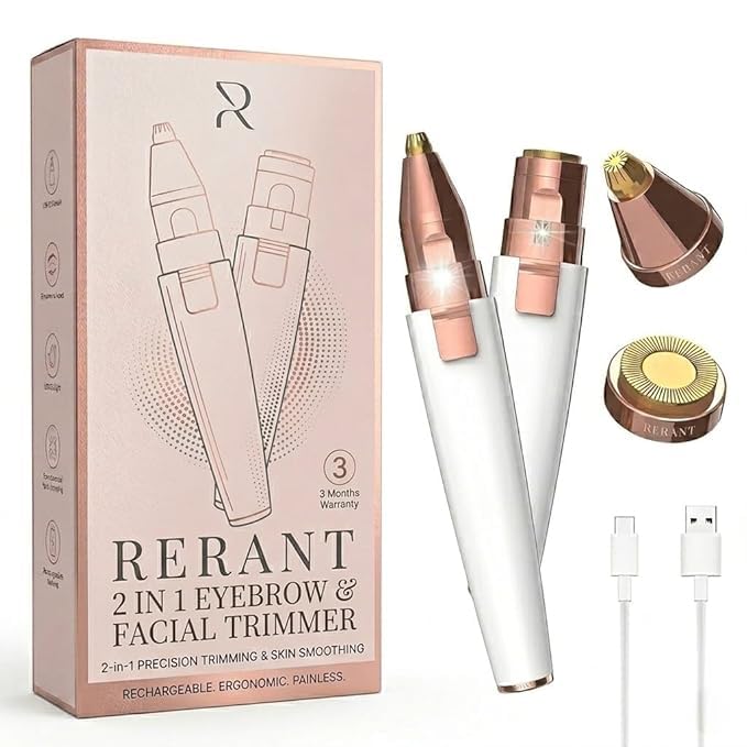 RERANT 2-in-1 Eyebrow Trimmer and Facial Hair Remover for Women, Rechargeable Electric Face Razor with Built-in LED Light, Painless Precision Eyebrow Razor and Lip Hair Trimmer, Portable
