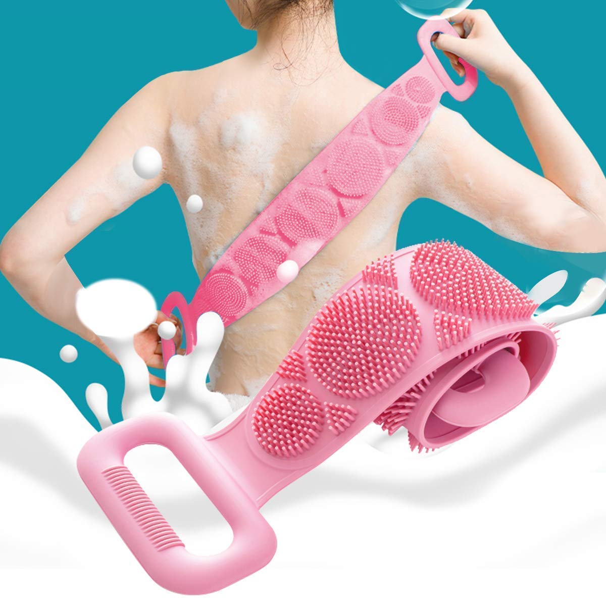 Silicone Back Scrubber for Bathing - Long Double Sided Exfoliating Bath Belt and Body Cleaning Brush for Men & Women, Stretchable Shower Strap