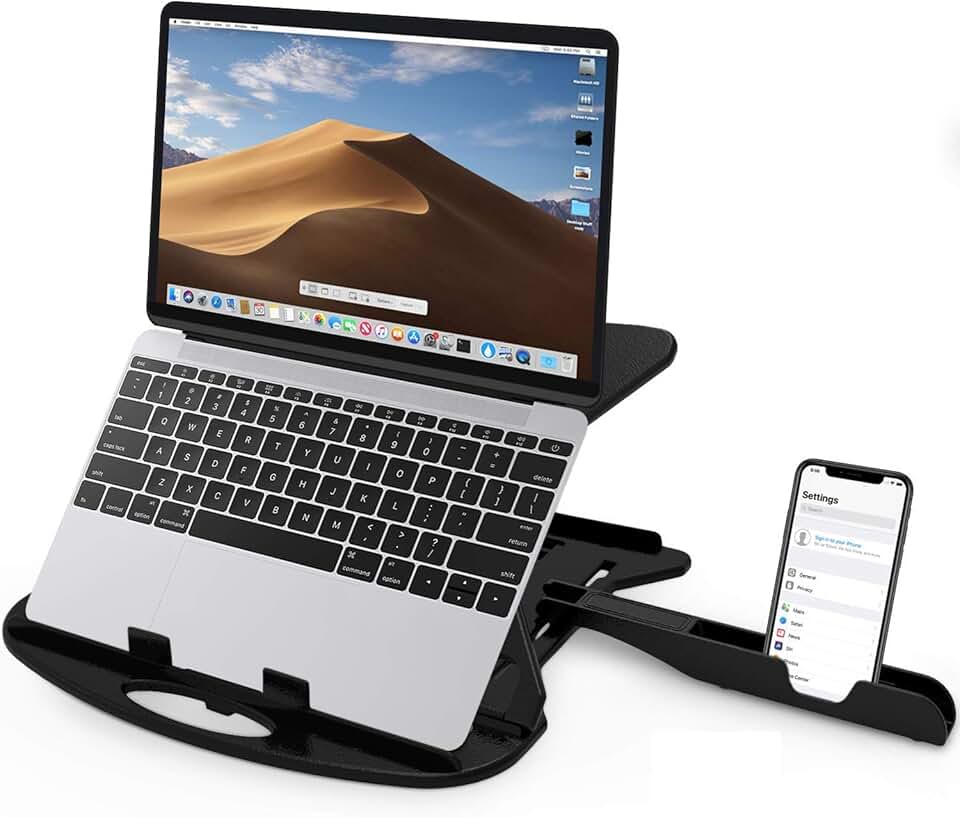 STRIFF Adjustable Laptop Tabletop Stand Patented Riser Ventilated Portable Foldable Compatible with MacBook Notebook Tablet Tray Desk Table Book with Free Phone Stand