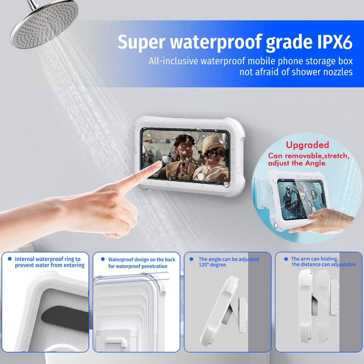 Upgraded 480° Rotating Shower Smartphones Holder Waterproof Case with Touch Screen,OOLYICO Shower Accessories Guardian Buddy Holder Wall Mount Shelf in Bathroom Bathtub for 4" - 7" Cell Phone - View 4
