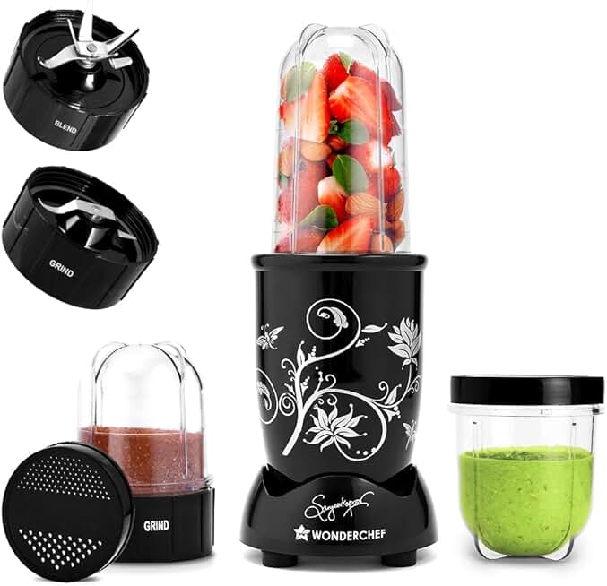 Wonderchef Nutri-blend 500W Mixer Grinder, 22000 RPM Motor, Smoothie Maker, Masala Grinder, Chutney Blender, 3 Unbreakable Jars, Recipe Book by Chef Sanjeev Kapoor, 2 Yr Warranty, Black