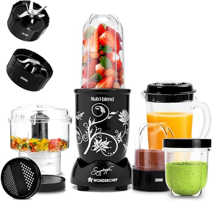 Wonderchef Nutri Blend Complete Kitchen Machine, Mixer Grinder, Blender, Chopper, Juicer, Stainless Steel Blades, 4 Jars with chopper, 500 Watts, Black, Online Recipe Book By Chef Sanjeev Kapoor